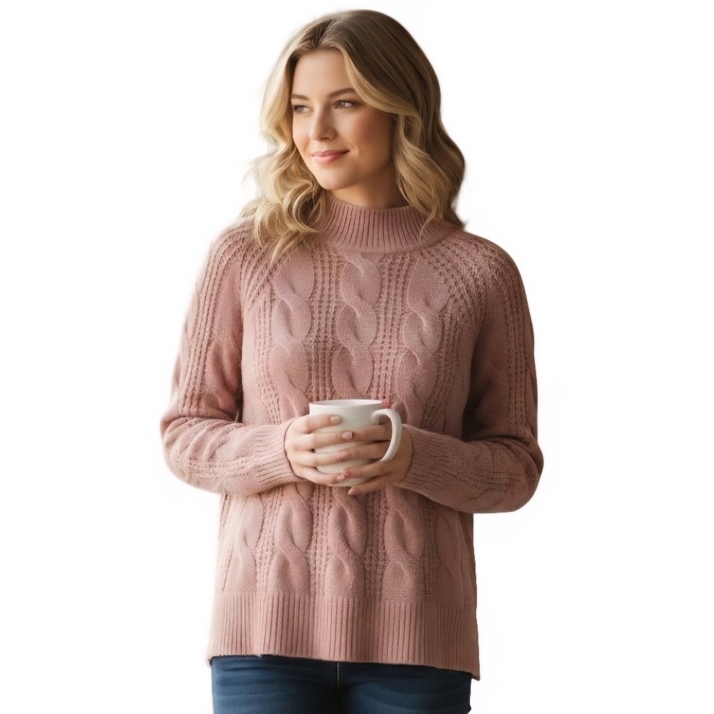 J. Crew Alpaca CableKnit Dusty Pink Mock Neck Sweater Size M